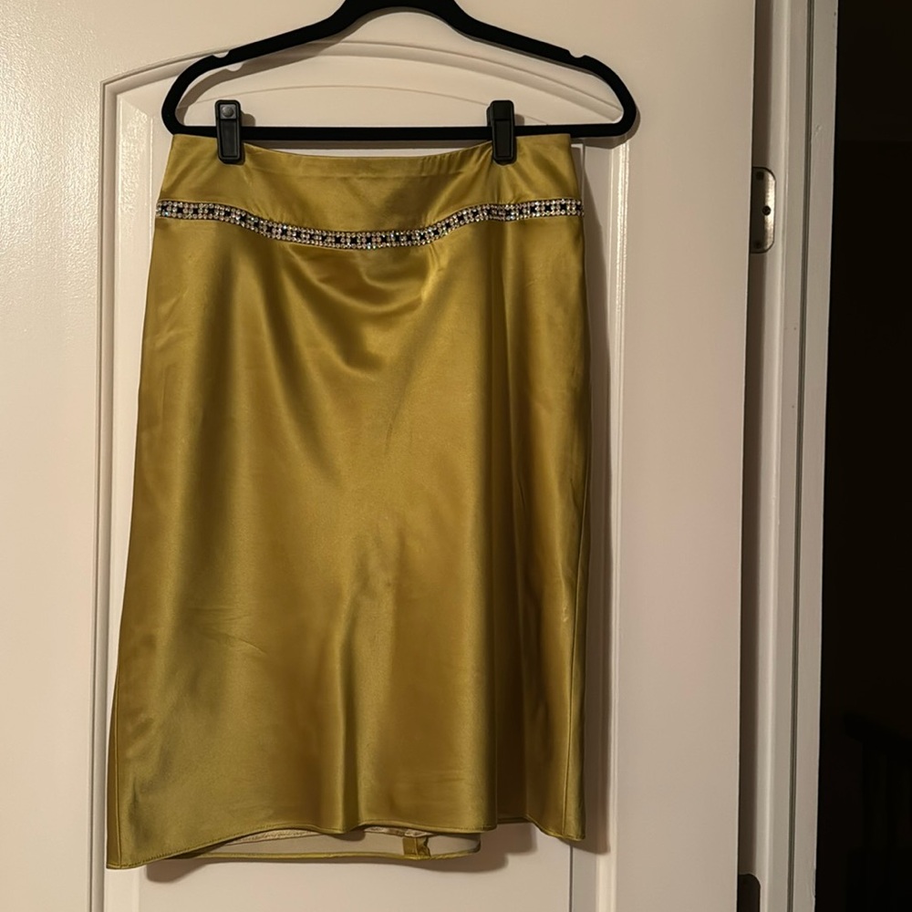 Gorgeous chartreuse silk skirt with rhinestone inlay around the lower waist.